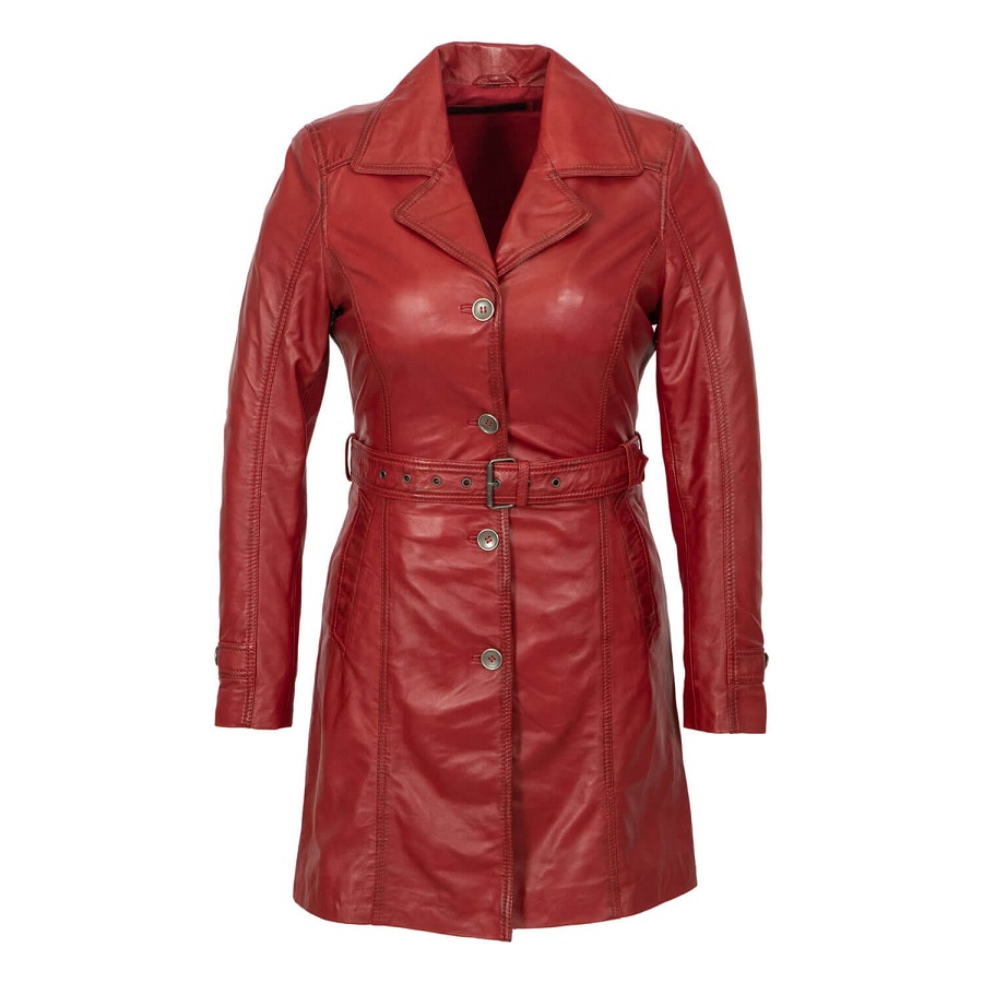 Red leather trench coat