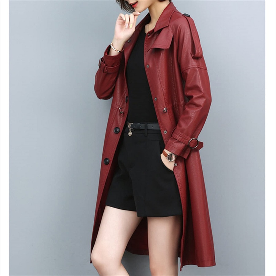 Burgundy leather trench coat