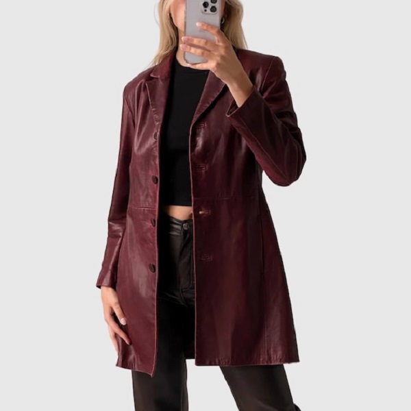 Burgundy leather trench coat